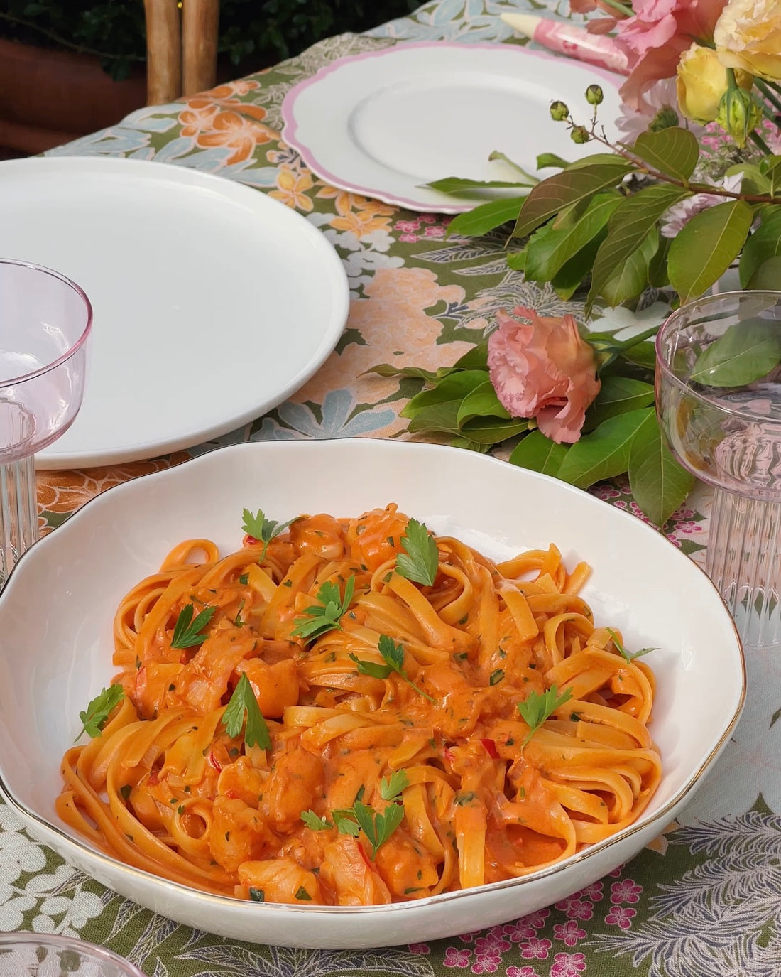 On the left is a bowl of the pasta, and on the right are all of the ingredients used. @intothesauce, Into the Sauce, Tori Falzon, #intothesauce