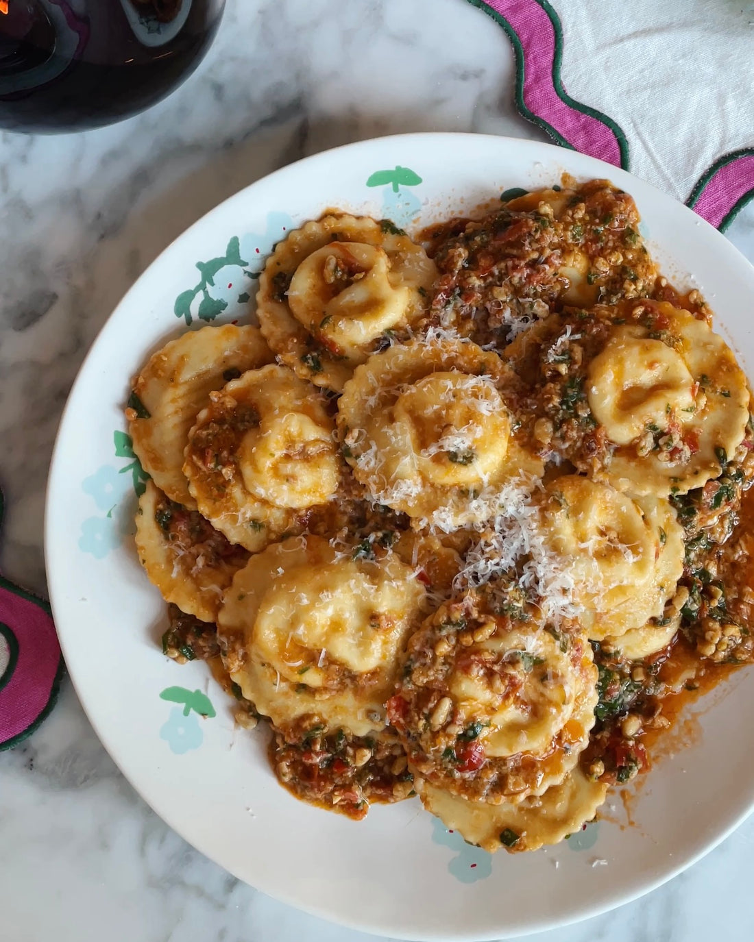 On the left a photo of the finished Pesto Trapanese dish and on the right the ingredients and pasta drying. @intothesauce, Into the Sauce, Tori Falzon, #intothesauce