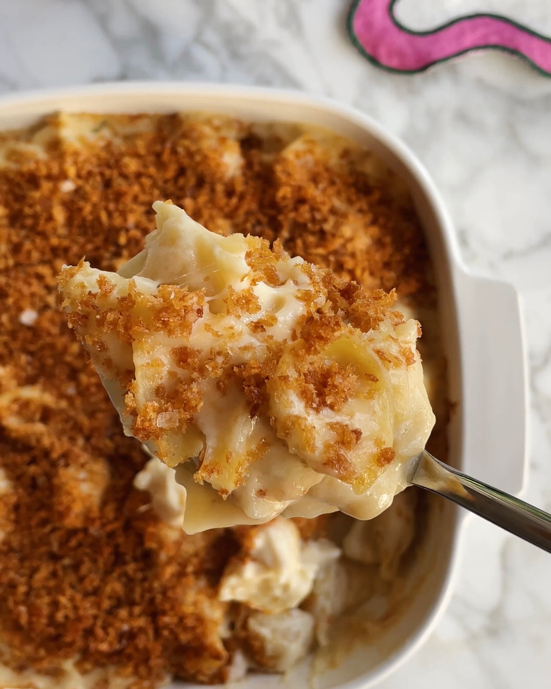Mac and cheese fresh from the oven on the left, and the ingredients to make it on the right. @intothesauce, Into the Sauce, Tori Falzon, #intothesauce
