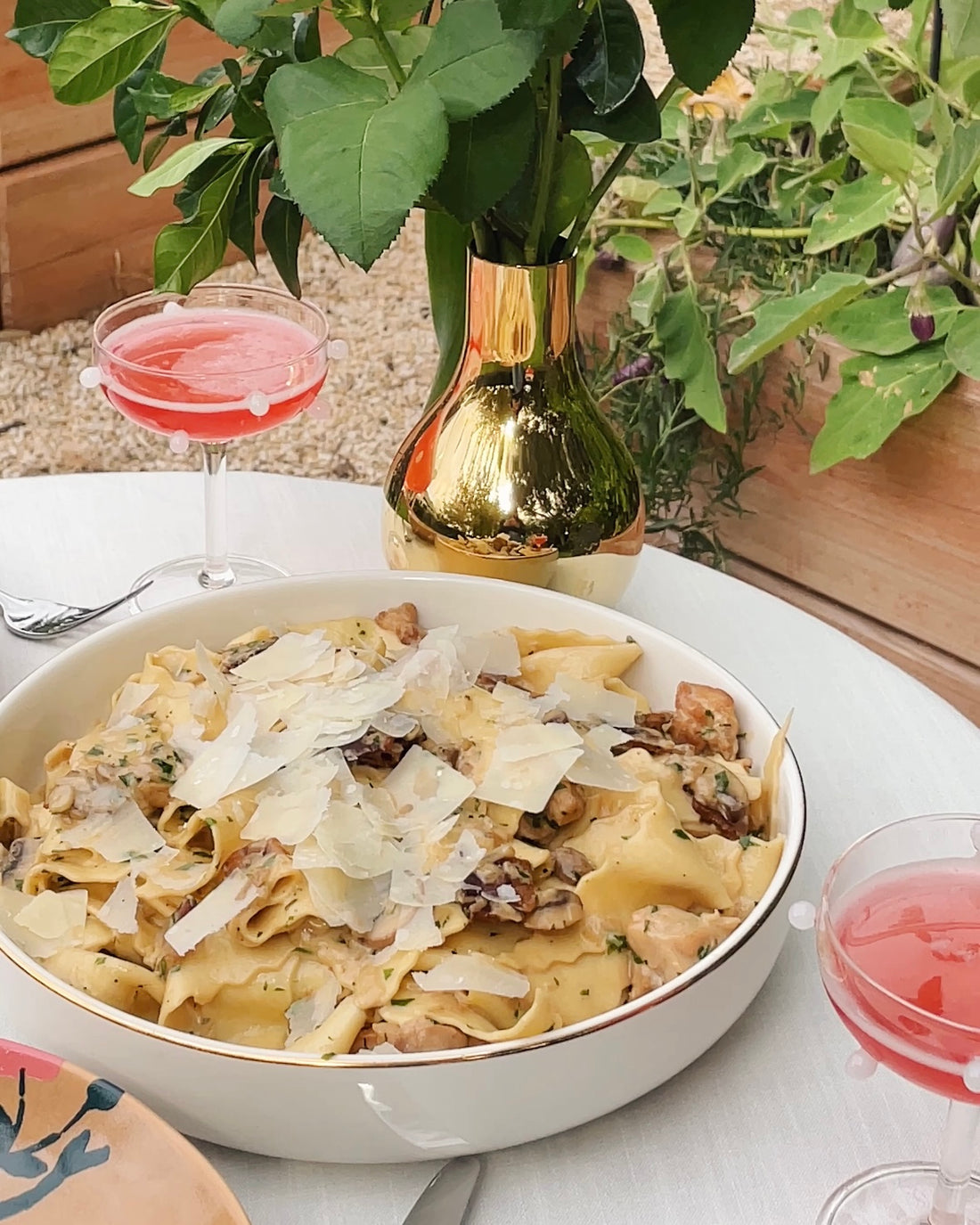 On the left is an image of the pasta in a bowl, on the right is an image of the ingredients used to make the pasta. @intothesauce, Into the Sauce, Tori Falzon, #intothesauce