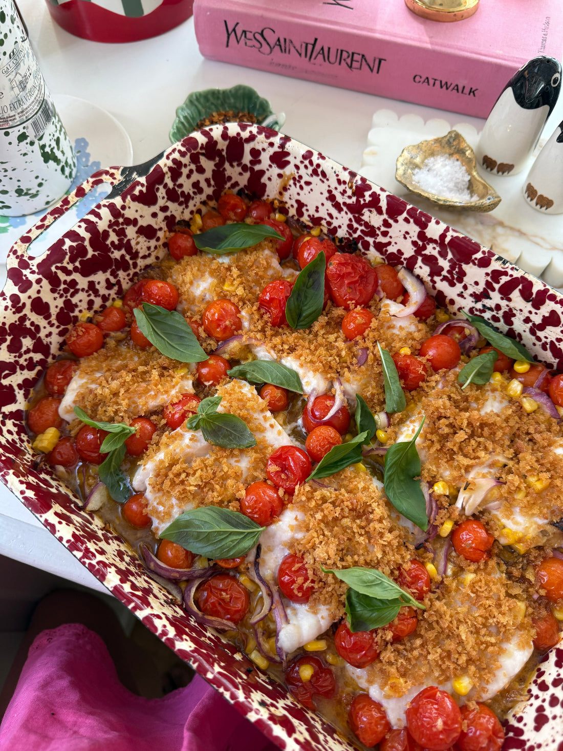 Baked Fish with Miso, Tomatoes & Corn